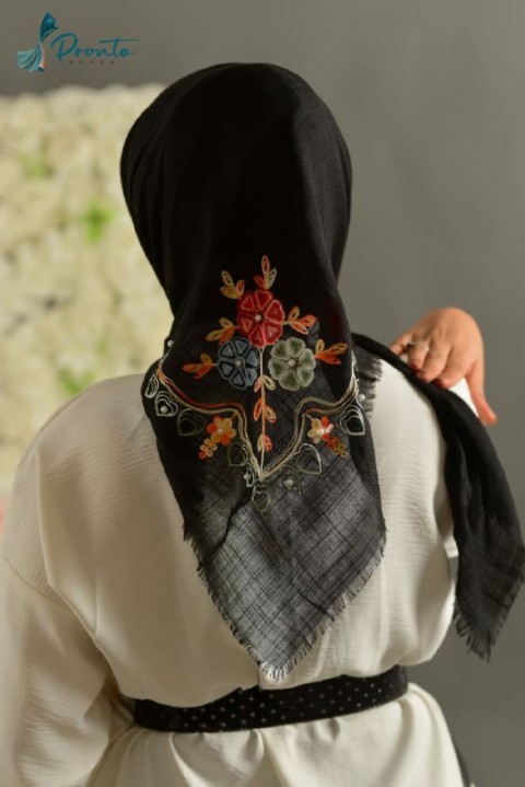Turkish Cotton Embroidered Scarf for Women - Black -268a