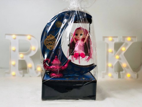 Wooden lantern in the shape of a crescent moon with a drawer