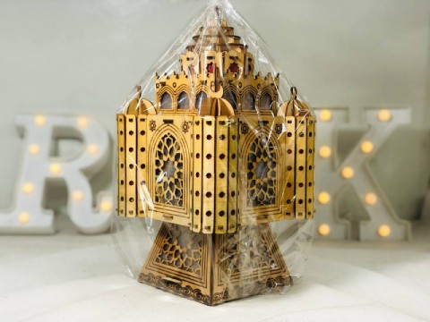 Wooden lantern with mix lights in the form of a mosque