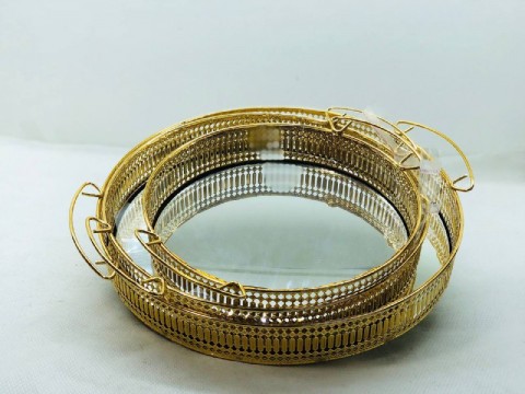Golden Metal Round Tray Set Three Pieces