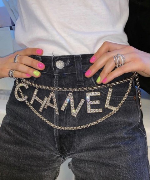 chanel stylish chain belt with white crystal-Size 3.5cm-silver colour-mirror original