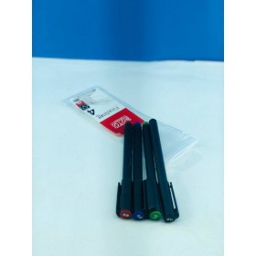 A set of pens in a plastic case, 0.8 ml nib, blue, red, black and green ink.